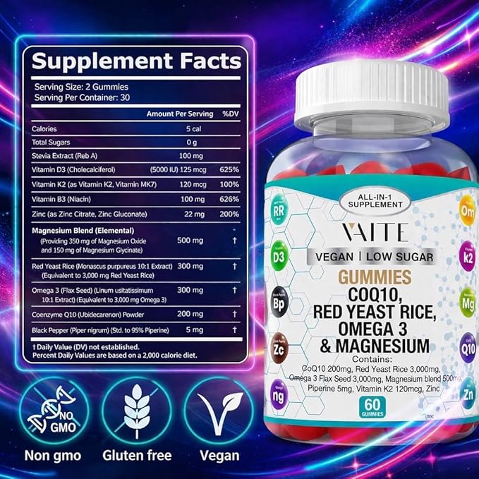 CoQ10 200mg Gummies with Red Yeast Rice &amp Magnesium Glycinate – Omega-3 Zinc and Vitamin K2+D3 for Overall Health – Supplements for Adults – 60 Chewable Gummies