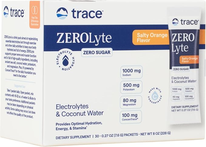 Trace Minerals ZeroLyte Salty Orange Flavor - Sugar Free Electrolyte Drink Mix - Supports Hydration Energy Stamina - Ancient Sea Salt Full Spectrum Minerals Coconut Water - 30 Packets