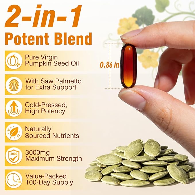Pumpkin Seed Oil with Saw Palmetto - Cold-Pressed Softgels for Hair Growth &amp Prostate Support - Organic Supplement for Men &amp Women Non-GMO 300 Softgels