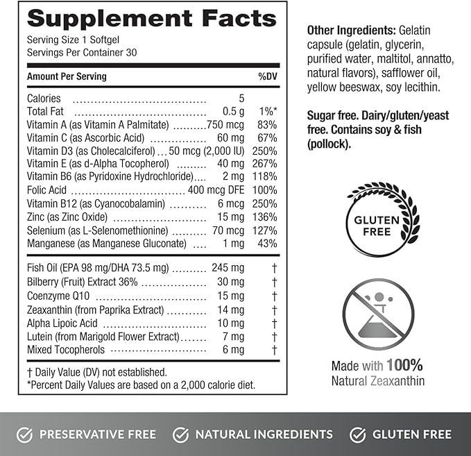 EyePromise Screen Shield Eye Vitamin - 30-Count 30-Day Supply - Eye Supplement with Omega 3s Zeaxanthin Lutein Bilberry Zinc &amp Vitamins for Tired Strained Eyes
