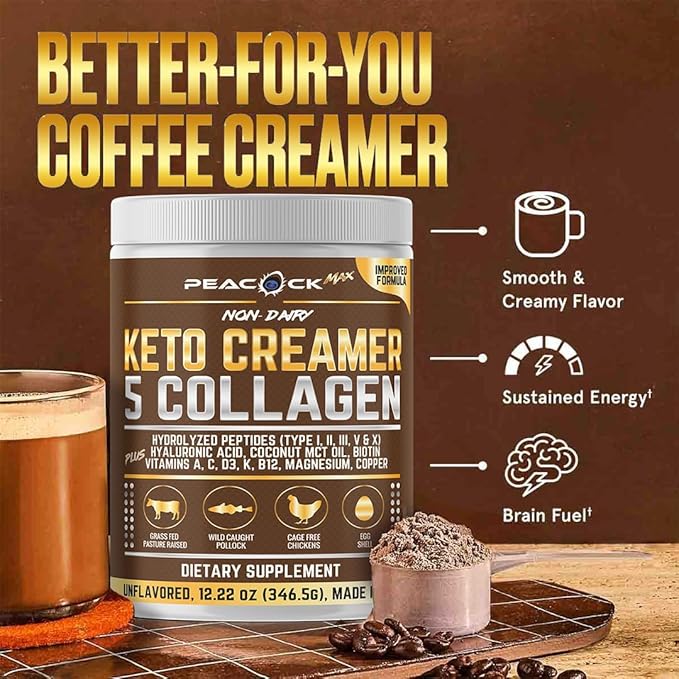 Collagen Keto Coffee Creamer Powder 12.2 oz - Hydrolyzed Collagen Peptides with Coconut MCT Oil B12 Magnesium Unflavored Protein Powder Sugar Free Coffee Creamer for Smoothies &amp Baking
