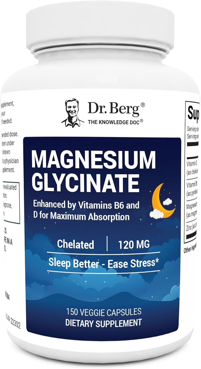 Dr. Berg Magnesium Glycinate 150ct – 4-in-1 Chelated for Muscle Nerve Sleep &amp Stress Support*– w/ D3 B6 &amp Zinc – 4X Lab-Tested – No Fillers – Formulated in USA GMP-Certified
