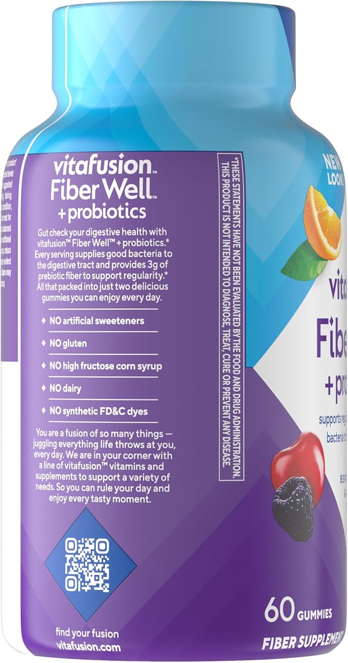 vitafusion Probiotic + Prebiotic Fiber Gummies for Adults Probiotic Supplement with Prebiotic Fiber to Support Gut Health and Provide Good Bacteria (1) Cherry Berry Citrus Rush Flavor 60 Count
