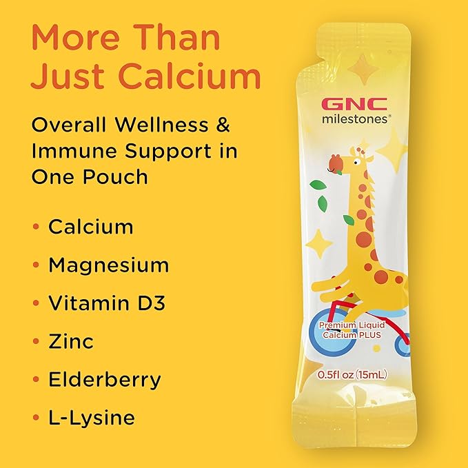 GNC Milestones Kids Premium Liquid Calcium+ Supplement Supports Healthy Growth &amp Development Strong Bones &amp Teeth for Kids 3 &amp Above Elderberry Flavor 30 Count