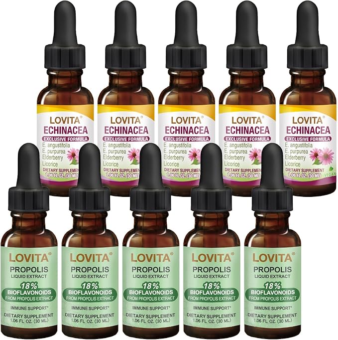 LOVITA Bulk Immune Bundle - 5 Propolis &amp 5 Echinacea Liquid Extracts 18% Bioflavonoids Alcohol-Free Herbal Supplement ([Total] Pc)