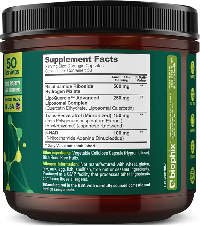 biophix NAD+ Liposomal Supplement for Women &amp Men - 1000 mg per Serving - Nicotinamide Riboside Micronized Resveratrol &amp Quercetin Complex - 100 Veg Capsules - Non-GMO Gluten-Free cGMP Cert