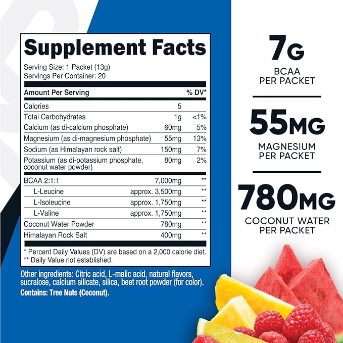 Nutricost BCAA+ Hydration Fruit Punch Flavor (20 Stickpacks) - Branched Chain Amino Acids with Hydration Complex - Gluten-Free Non-GMO