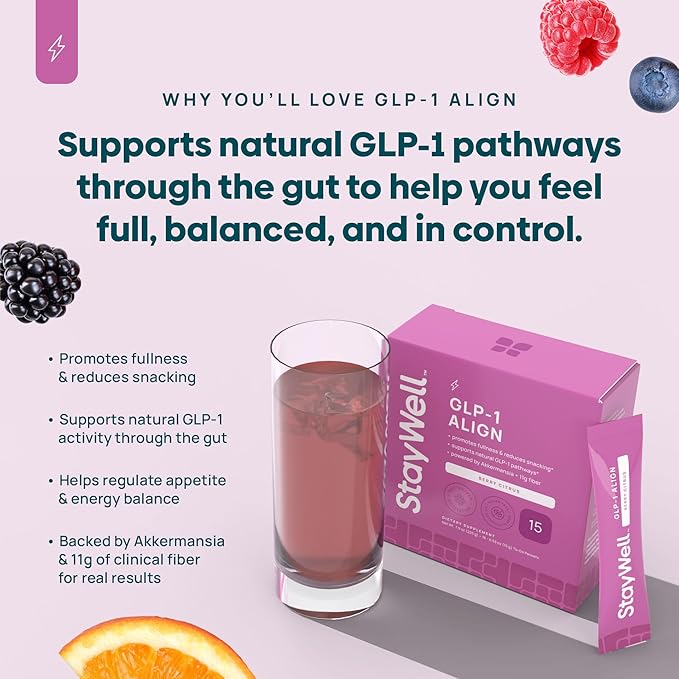 Stay-Well Naturals GLP-1 Probiotic | Akkermansia GLP-1 Supplement Fiber GLP 1 Booster | Probiotic and Fiber Support with Inulin Psyllium PHGG and Soothing Ginger Extract - Berry Citrus 15 Ct.