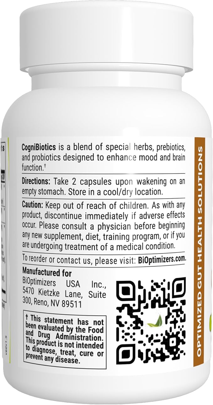 BIOptimizers Cognibiotics Probiotic Brain Supplement - Helps Support Mood Better Focus Memory Mental Clarity - 60 Capsules (Pack of 3)