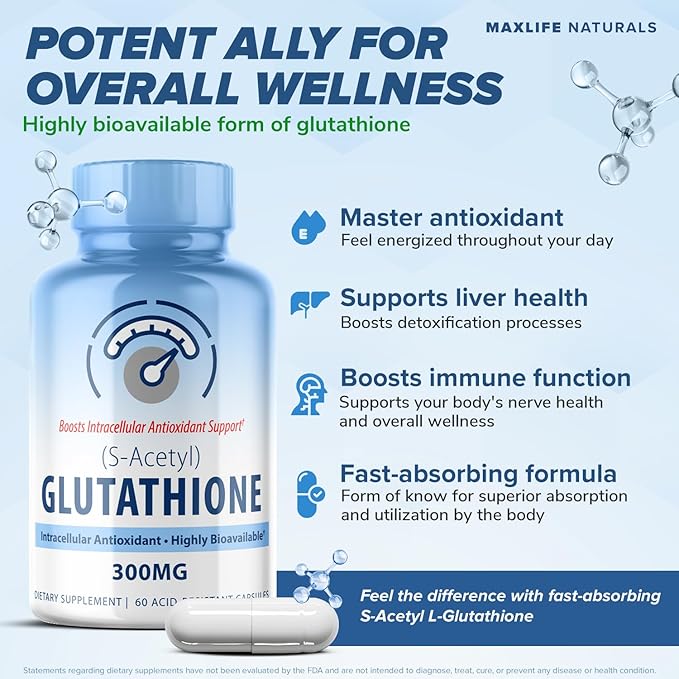 S-Acetyl L-Glutathione 300mg - 60 Acid-Resistant Capsules High Bioavailability S Acetyl Glutathione Supplement for Cellular Wellness &amp Skin Support Pure L-Glutathione Antioxidant Support Capsule