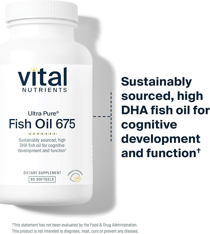 Vital Nutrients Ultra Pure® Fish Oil 675 - Supports Brain Development &amp Function* - Sustainably Sourced High DHA Omega-3 Fatty Acid - Lemon Flavor - Gluten Dairy &amp Soy Free - 90 Softgels