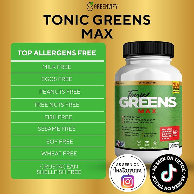 Tonic Greens Max Extra Strength Immune Support Supplement 60 Capsules with Elderberry Turmeric Probiotics (10)