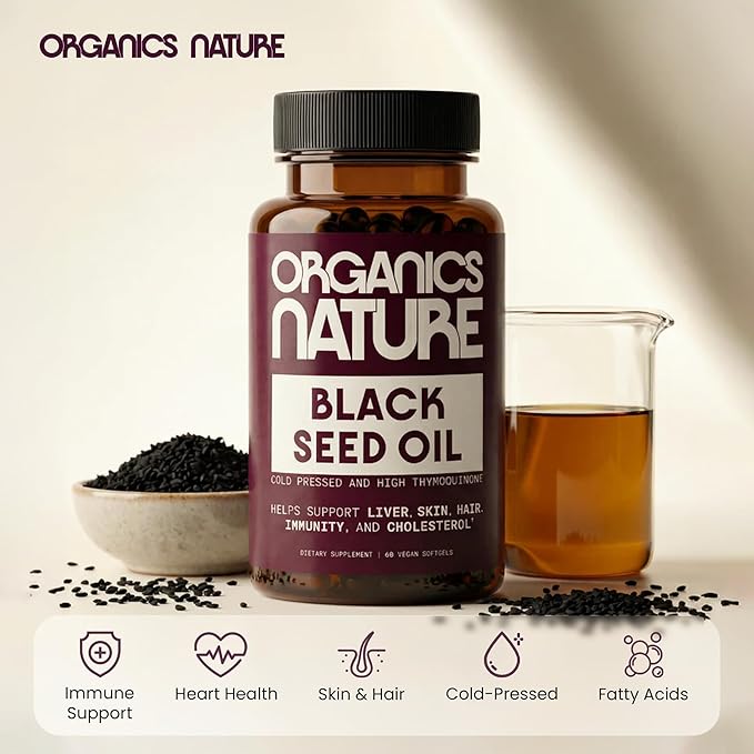 ORGANICS NATURE Black Seed Oil Capsules – 60 Cold Pressed Softgels - Immunity Support Black Cumin Seed Oil High Thymoquinone Non-GMO &amp Vegan Nigella Sativa Omega 3 6 9 1000MG Per Serving