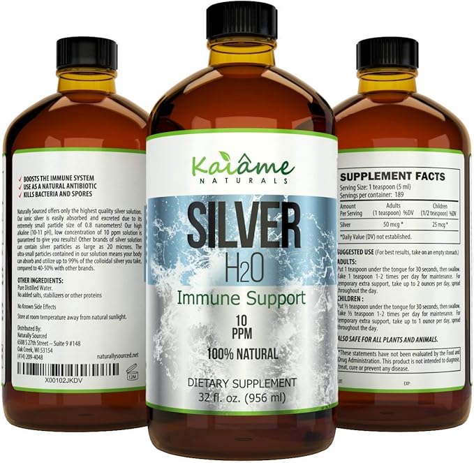 Kaiame Naturals Colloidal Silver Ionic Silver Solution 10 PPM Large 32 oz Glass Bottle Natural Immune Support Supplement Safe for Adults Children and Pets
