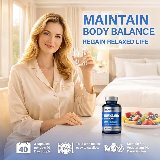 icolorfuled Neuropathy Supplements Nerve Savior for Neuropathy with 600 Mg Alpha Lipoic Acid &amp B Vitamins Fortify Nerves in Fingers Hands Neck Toes &amp Feet 120 Capsules | 40-Day Supply
