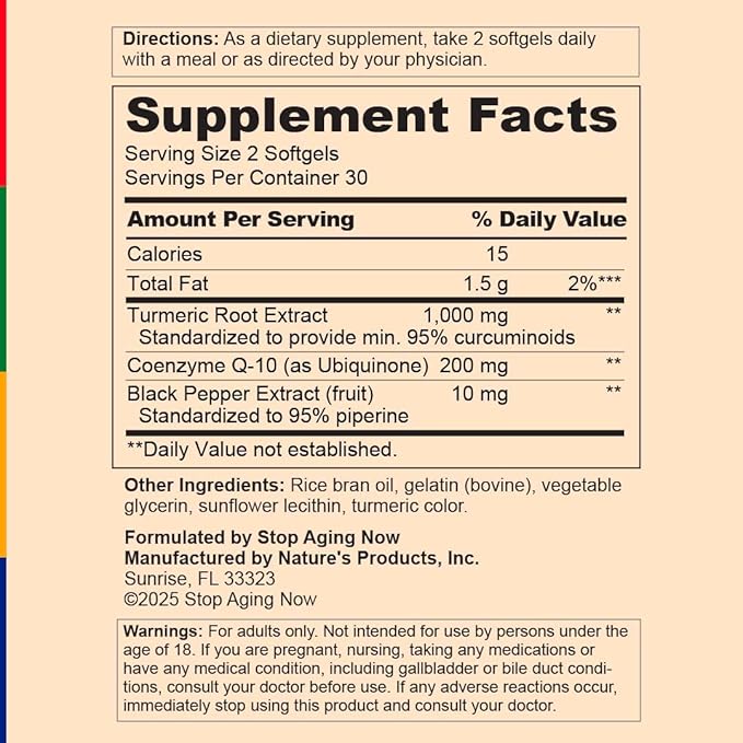 Stop Aging Now - Curcumin CoQ10 Complex - with Turmeric Root Extract - Antioxidant &amp Cardiovascular Support - 60 Softgels