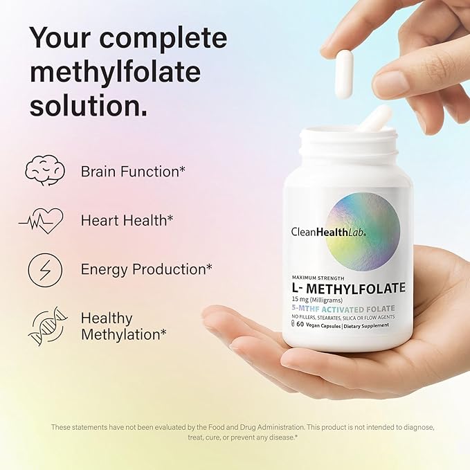 CleanHealthLab L-Methylfolate 15mg 5-MTHF Active Folate - Maximum Potency Methylated Vitamin B9 Supplement - Support for Brain Health Energy Nerves and Methylation with No Fillers (60 Count)