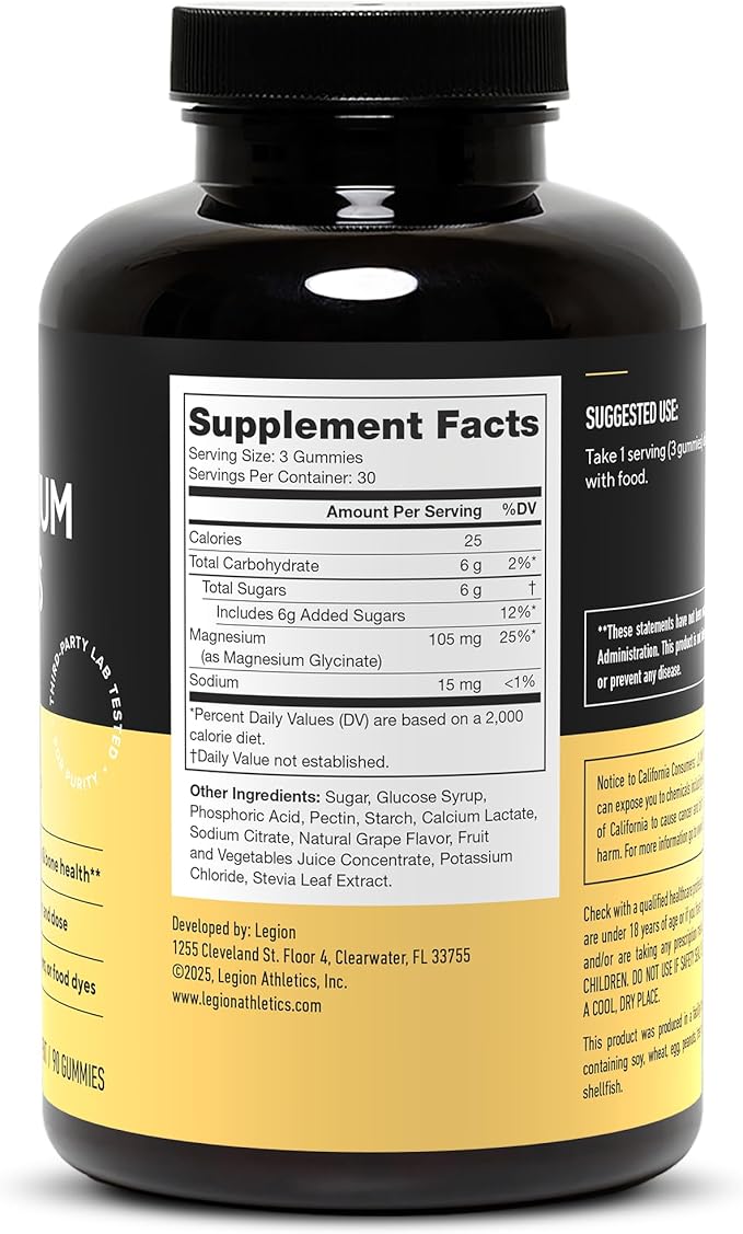 Legion Magnesium Glycinate Supplements - High Absorption Magnesium Supplement for Women &amp Men - Magnesium Mineral Supplements to Help Boost Athletic Performance - 30 Serving Grape Gummies