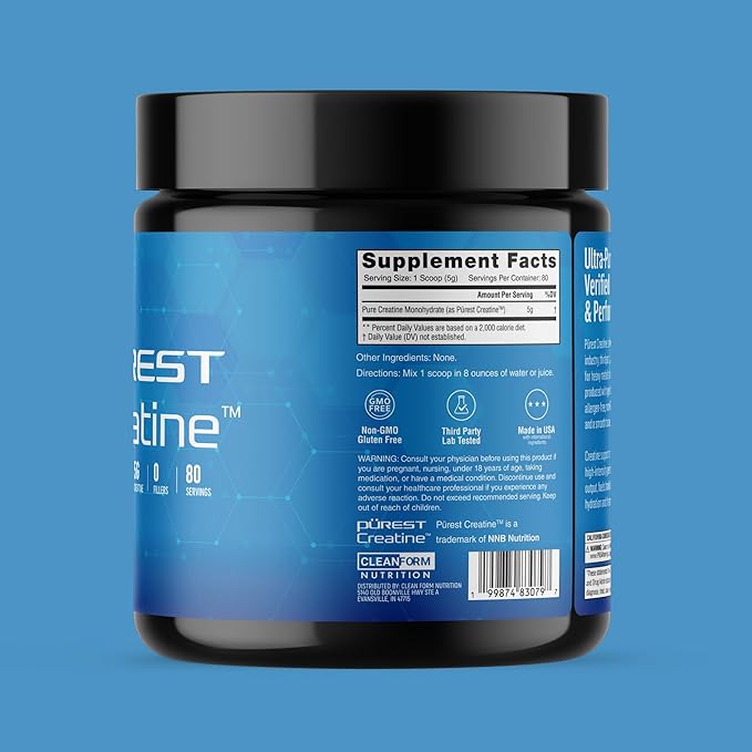 Cleanform Purest Creatine Monohydrate Powder - Ultra-Pure Micronized Supplement for Explosive Strength Lean Muscle Growth and Enhanced ATP Recovery - Unflavored (80 Servings)