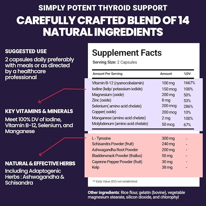 Simply Potent Thyroid Support &amp Adrenal Support Supplement 2-in-1 Natural Formula with Iodine &amp Ashwagandha for Energy Metabolism Focus for Women &amp Men 60 Caps