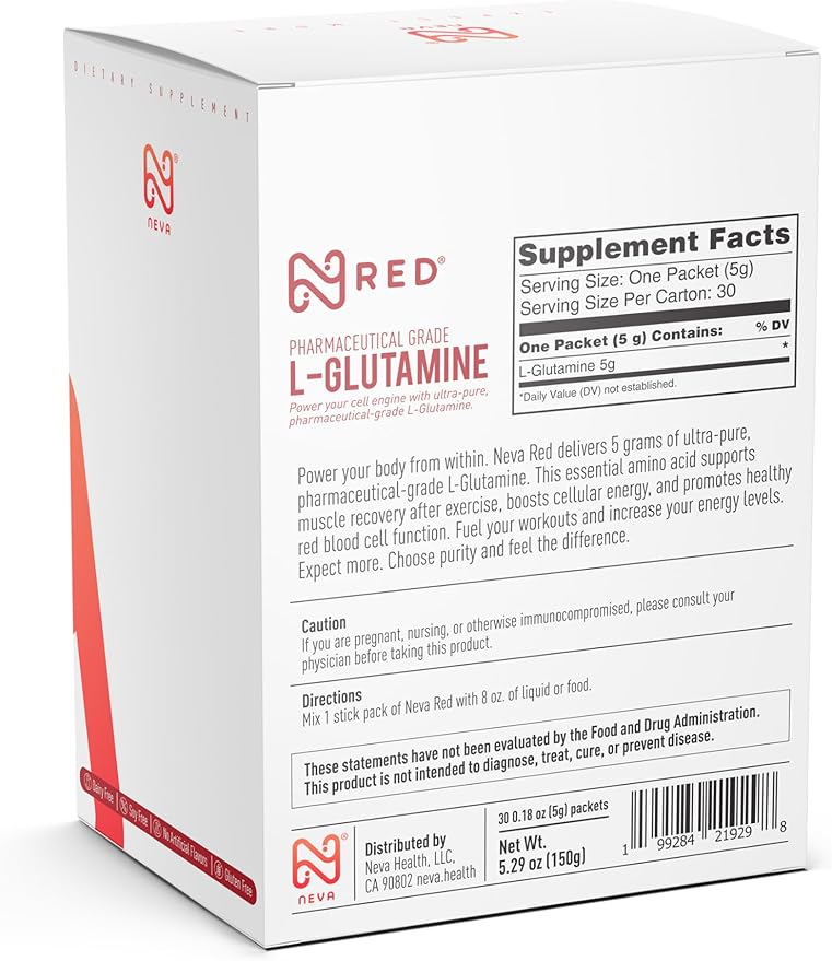 Neva RED Pharmaceutical Grade L-Glutamine Powder 5g Stick Packs 30 Servings
