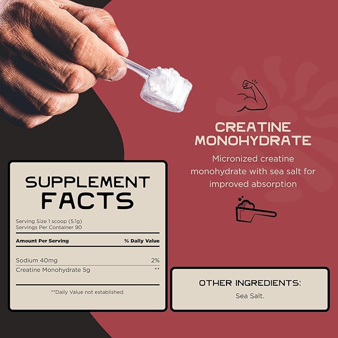 Micronized Creatine Monohydrate with Sea Salt - Micronized Creatine Powder for Training &amp Performance – No Artificial Ingredients – 90 Servings