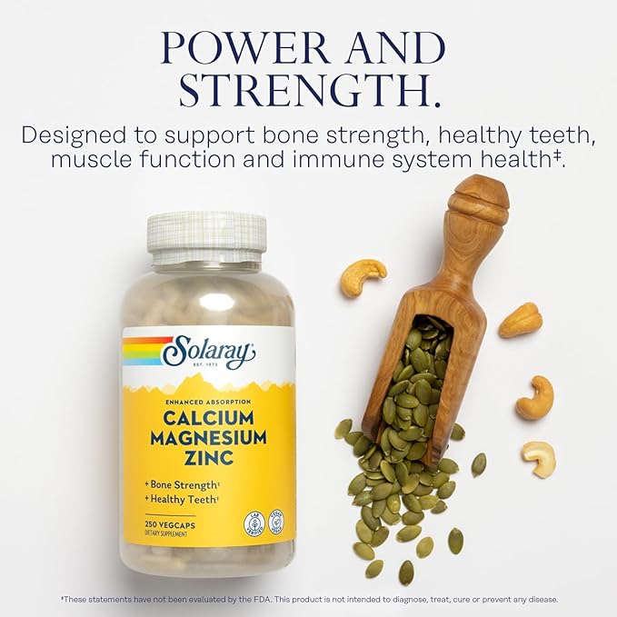 SOLARAY Calcium Magnesium Zinc Supplement - with Calcium 1000mg Magnesium 500mg - Bone Health Muscle Function Heart Health and Immune Support - Vegan 60 Day Guarantee 62 Servings 250 VegCaps