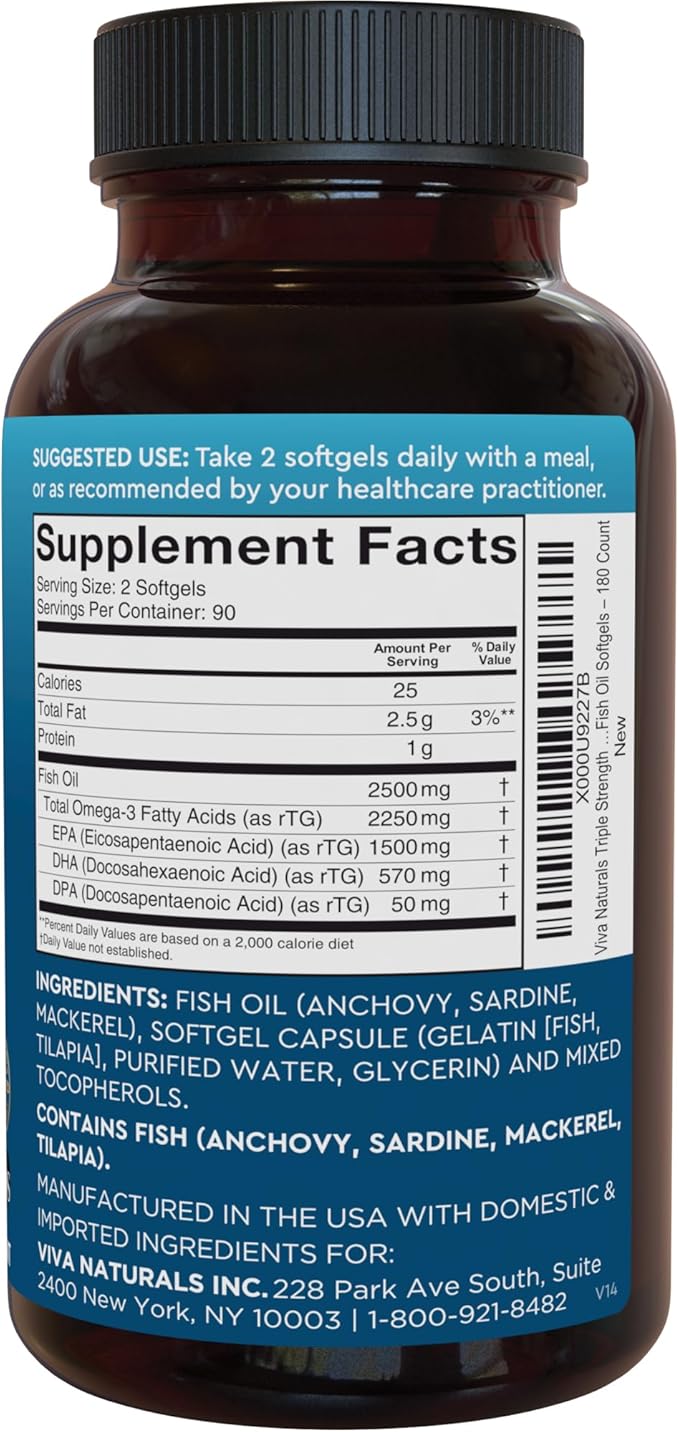 Triple Strength Omega 3 Fish Oil Supplement for Men and Women – 2500 mg High-Potency Easy-to-Absorb Re-esterified Triglyceride Form Pescatarian-Friendly DPA EPA DHA Omega 3 Supplement 180 Softgels
