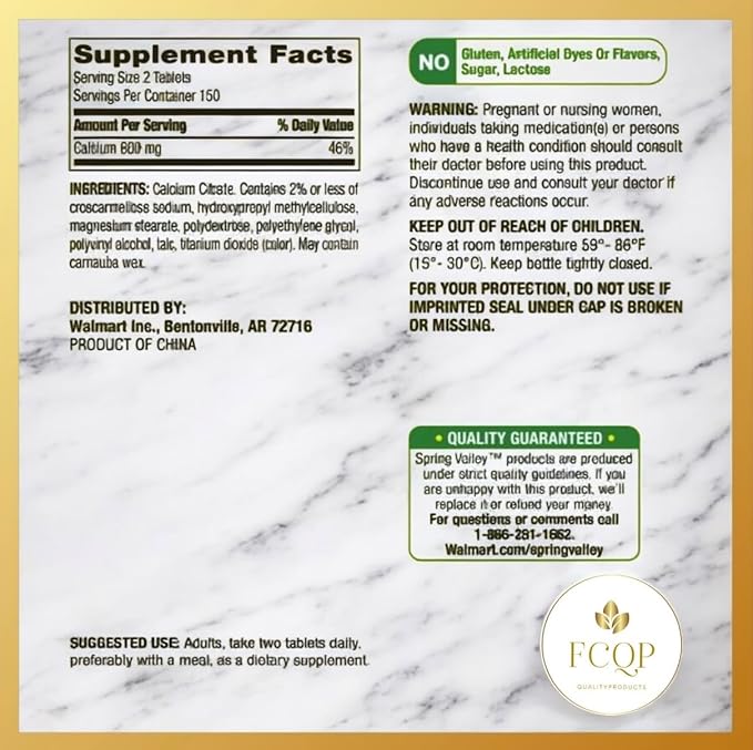 Spring Valley Calcium Citrate Bone Health Supplement 600mg 300 Tablets
