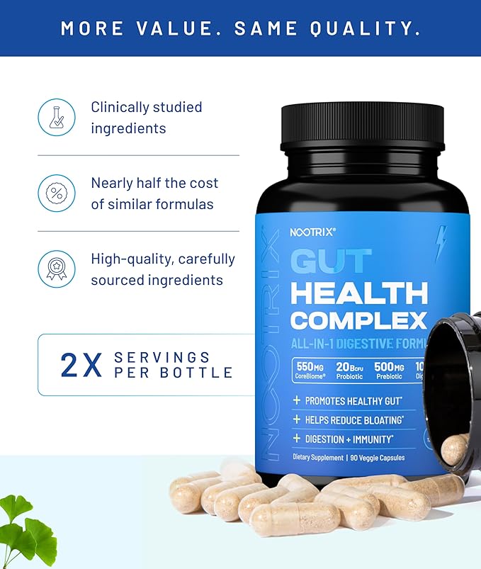 Nootrix Gut Health Complex Supplement | Probiotics for Gut Health Colon Cleanse &amp Bloating Relief | Promotes Healthy Digestion | Digestive Enzymes Postbiotics &amp Prebiotics | 90 Capsules