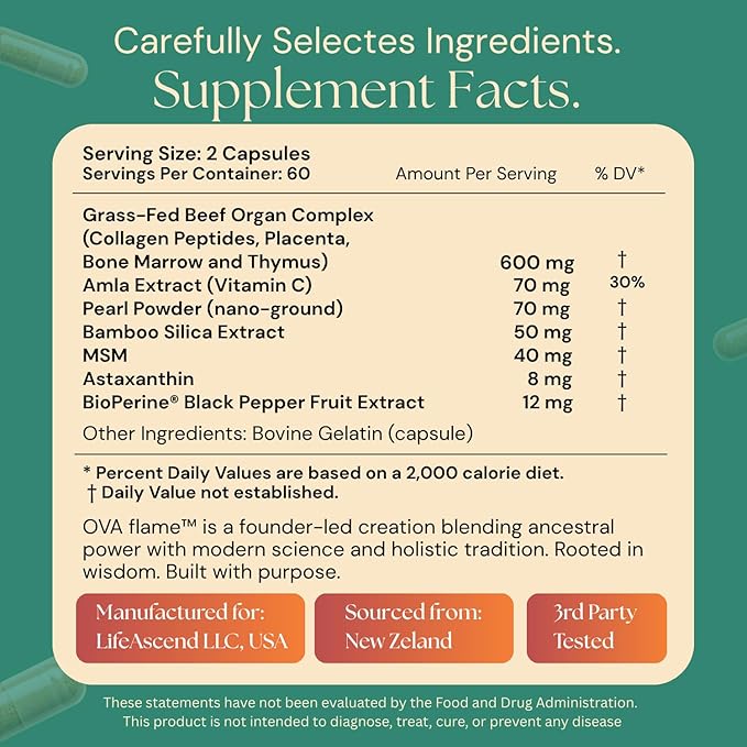 Beef Organs for Women - 100% Grass Fed Pasture Raised in New Zealand - 120 Caps - Collagen Blend featuring Placenta Bone Marrow Thymus Amla Astaxanthin MSM Pearl Powder &amp Bamboo Silica