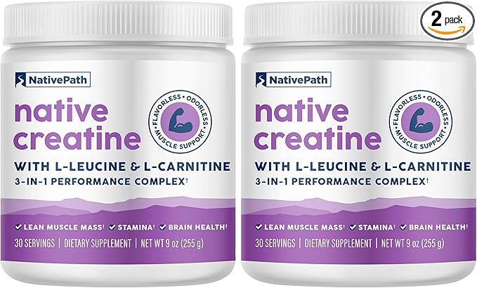 NativePath Creatine Monohydrate Powder with L-Leucine &amp L-Carnitine - Muscle Building Supplement for Men &amp Women - 30 Servings (Pack of 2)