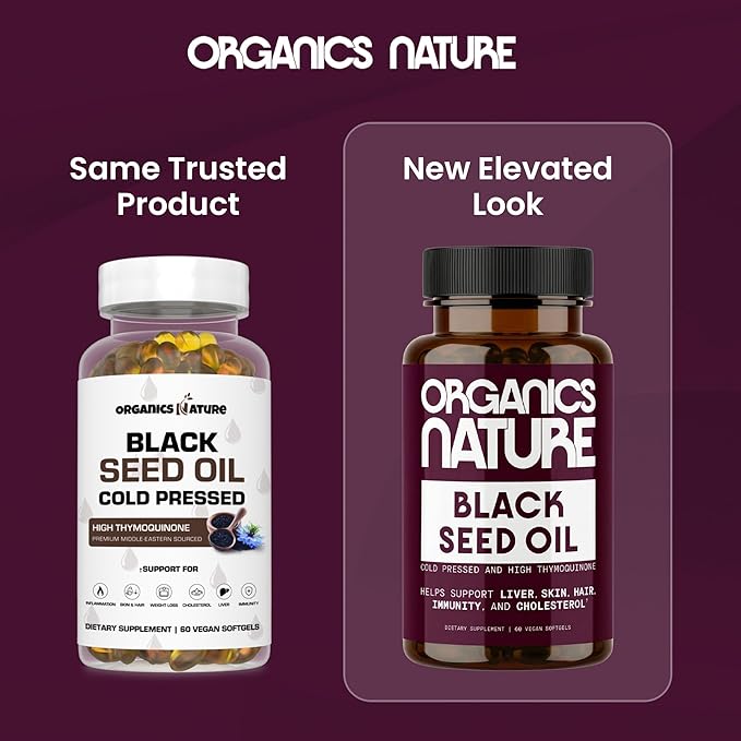 ORGANICS NATURE Black Seed Oil Capsules – 60 Cold Pressed Softgels - Immunity Support Black Cumin Seed Oil High Thymoquinone Non-GMO &amp Vegan Nigella Sativa Omega 3 6 9 1000MG Per Serving