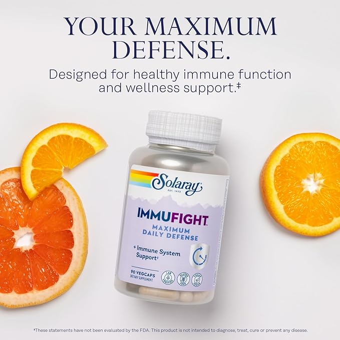 SOLARAY Immufight Maximum Daily Defense All Day Immune Support Vitamin C Vitamin D Zinc Probiotics Monolaurin Acerola &amp More Vegan &amp Gluten Free 60 Day Guarantee 30 Servings 90 VegC