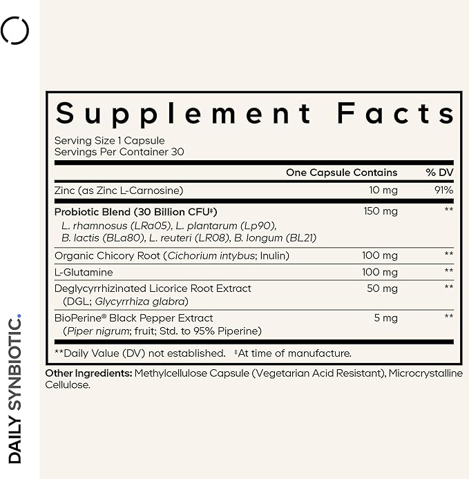 Codeage Daily Synbiotic Supplement - Prebiotics Lactobacillus &amp Bifidobacterium Probiotics L-Glutamine Zinc L-Carnosine DGL Synbiotic Probiotic BioPerine - Shelf-Stable - 30 Capsules