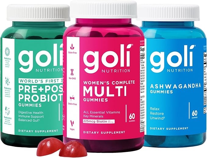 Goli Stress Less Glow More Digest Better Bundle - World's First 3-in-1 Pre Post Probiotic Women's Complete Multi All 13 Essential Vitamins Ashwagandha &amp Vitamin D Gummies Vegan