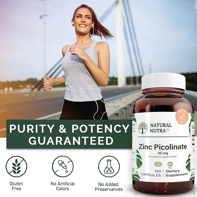 Natural Nutra Zinc Picolinate 30 mg Double Strength Raw and Pure Highly Bioavailable Supplement for Growth &amp Immunity Helps Promote Skin Health Support Metabolic System 100 Capsules (3 Pack)