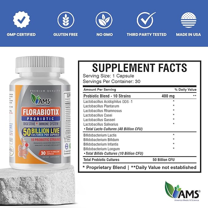 America Medic &amp Science Florabiotix Probiotic (30 Capsules) | Dietary Supplement for Men and Women| 50 Billion Live Cultures | 10 Probiotic Strains | Supports Digestive and Immune Health