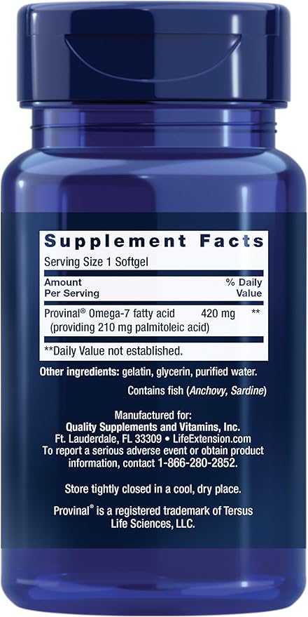 Life Extension Provinal Purified Omega-7 palmitoleic Acid derived from Highly Concentrated Marine Oil Cholesterol triglycerides &amp Heart Health Support Gluten-Free Non-GMO 30 softgels