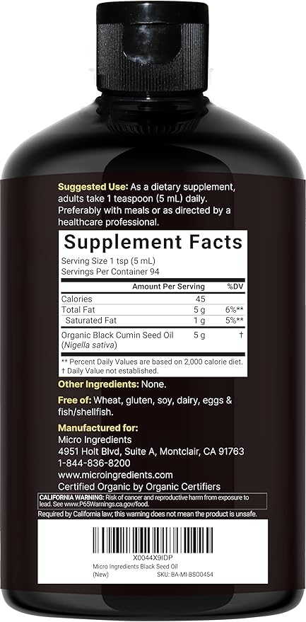 Micro Ingredients Black Seed Oil Organic Cold Pressed 16 fl oz | Rich in Thymoquinone &amp Omega 3 6 9 | Unrefined from Nigella Sativa Seeds | Immune Hair &amp Skin Support* | Non-GMO - 3 Months S