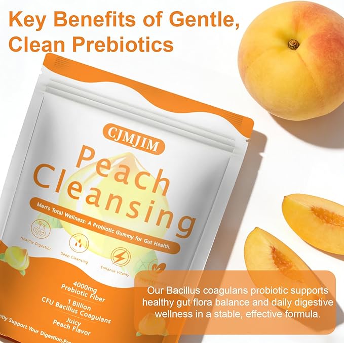 Peachy Clean Fiber Gummies with Prebiotic for Men Peach Flavored Digestive Support &amp Detox Gummy Supplement 60 Vegan Gummy Bears for Regularity &amp Gut Health (1)