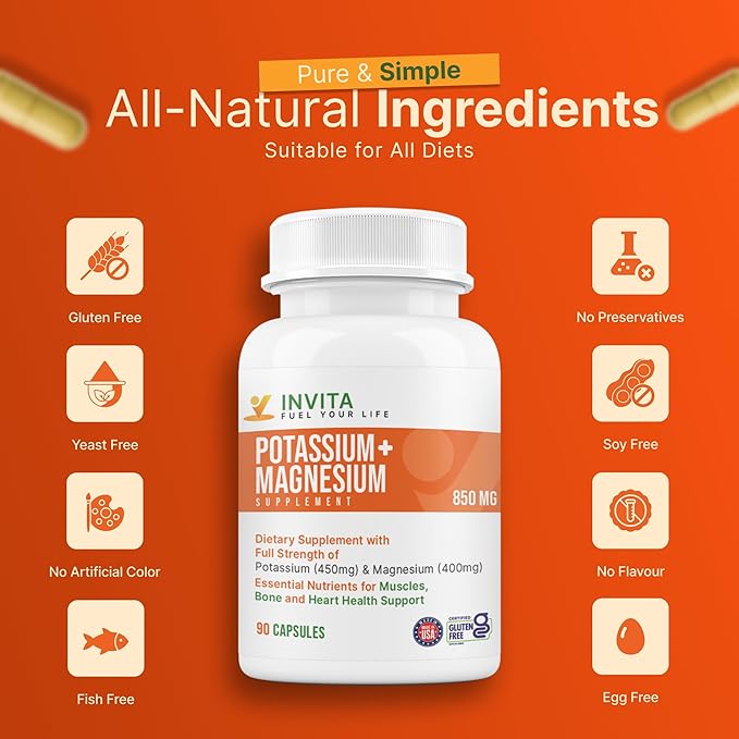 Invita Potassium Magnesium Supplement (90 Capsules) High Absorption Potassium Magnesium Complex with Aspartate &amp Chloride - Supports Cardiovascular Muscles &amp Nerve Health - Non GMO &amp Glut
