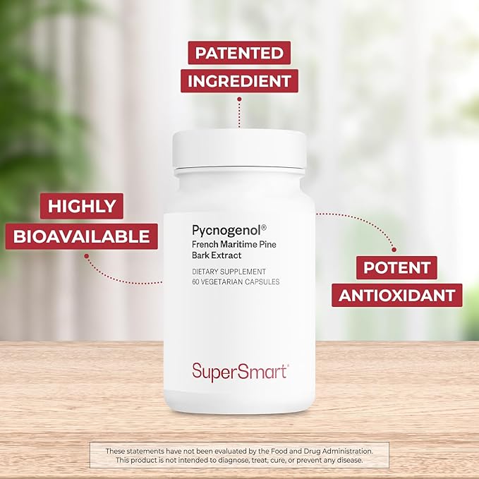 Supersmart - Pycnogenol 200mg per Day (Patented &amp Highly Bioavailable) - French Maritime Pine Bark Extract | Non-GMO &amp Gluten Free - 60 Vegetarian Capsules