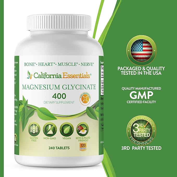 Magnesium Glycinate 400 - Chelated High Absorption Magnesium for Muscle Relief Bone &amp Heart Support -Vegan Non-GMO Gluten-Free 240 Tablets (Servings 120 Serving Size (2) 200mg Tablets)