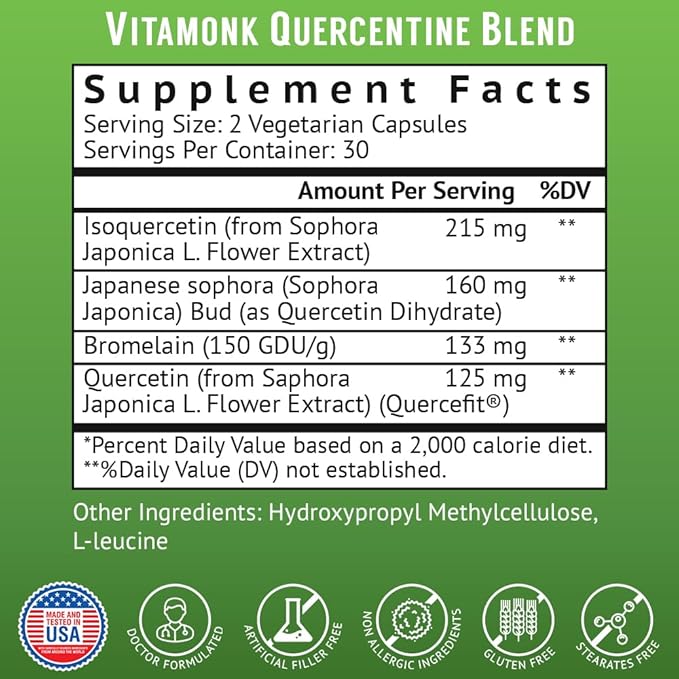 VitaMonk Quercetin Complex - 3 Bioactive Forms - Isoquercetin and Quercetin Phytosome with Bromelain - Immune System Support for Superior Absorption