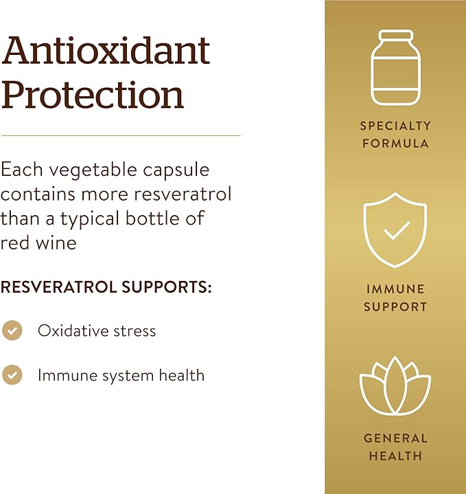 Solgar Resveratrol 500 mg 30 Vegetable Capsules - Antioxidant Protection - Gluten Free Dairy Free - 30 Servings