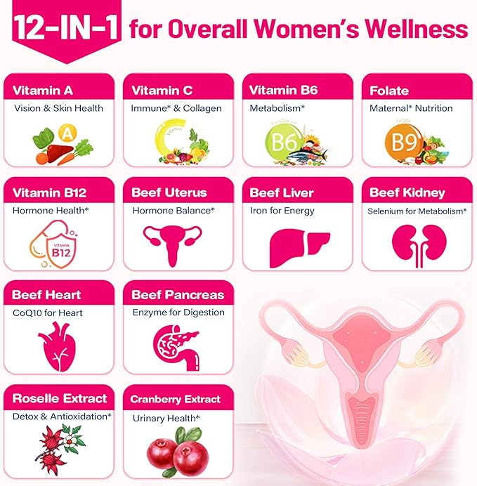 12-In-1 Beef Organ Supplement for Women - Beef Liver Uterus Kidney Heart Pancreas 5 Vitamins &amp 2 Herbs Hormone Balance Menstruation Energy Immune - 100% Grass Fed Pasture Raise - 120 Cap