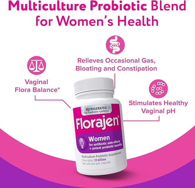 Florajen Women's Vaginal Probiotics Provides Gut Health &amp Constipation Relief for Adults and Bloating Relief for Women 90 Capsules (3 Packs of 30) (Refrigerated)