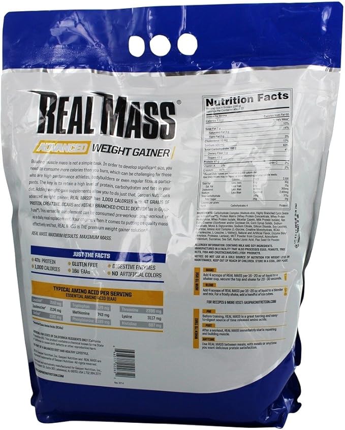 Gaspari Nutrition Real Mass: Advanced Weight Gainer Protein and Complex Carb Blend 50g Protein 16g EAAs Gluten-Free 12 lbs (Vanilla Milkshake)