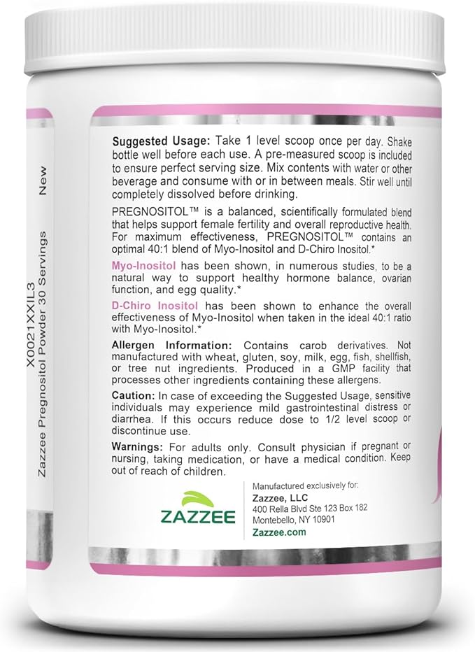 Zazzee PREGNOSITOL Powder 30 Day Supply Myo-Inositol and D-Chiro-Inositol 40:1 Fertility Blend Free Scoop for Exact Dosage Premium Balanced Formula 30 Servings Vegan All-Natural and Non-GMO